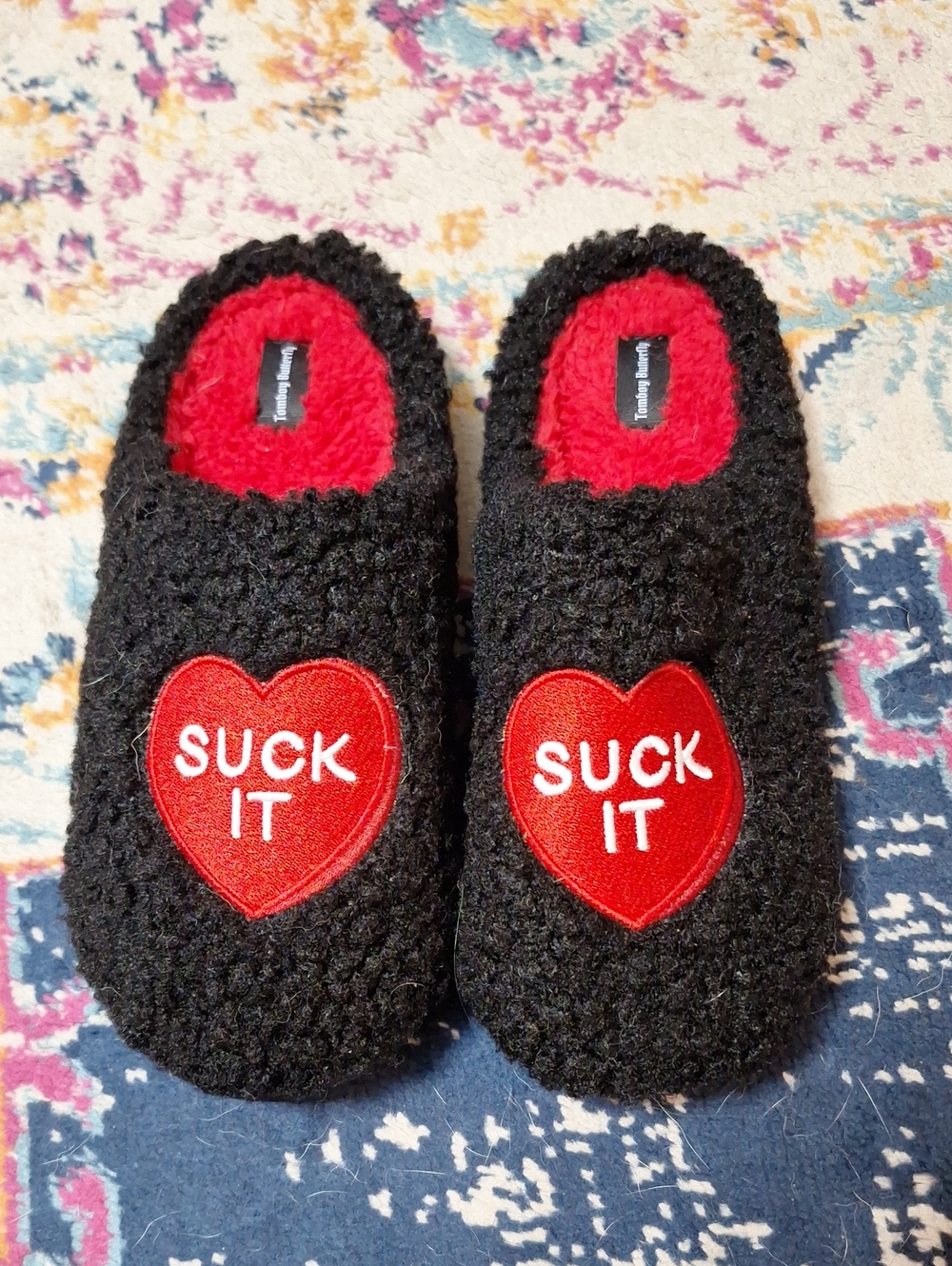 Kids Black Cozy Slipper with Red Heart Patch - Suck It